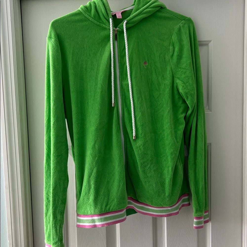 Lilly Pulitzer Neon Green Terry Hooded Zip-Up with Pink Label
